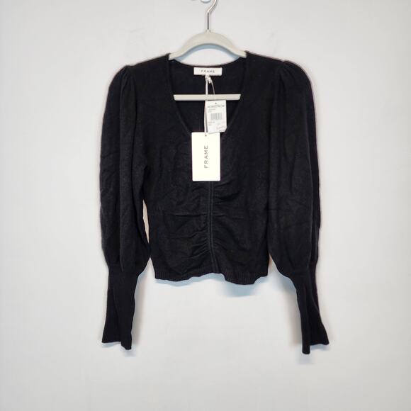 FRAME Bell Sleeve Shirred Cashmere Sweater Black Crop V-neck Luxe Womens Medium